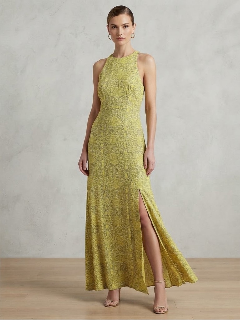 Line & Dot Shannon Maxi Dress Gold Yellow Geometric Halter Side Slit Size Large